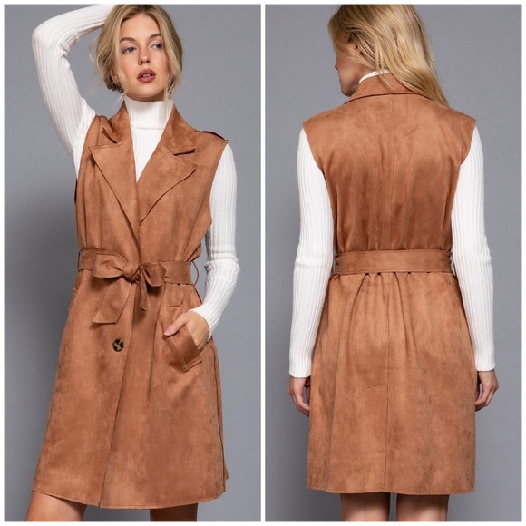 Gorgeous Faux Suede Caramel Longline Oversized Vest - Picture 2 of 9